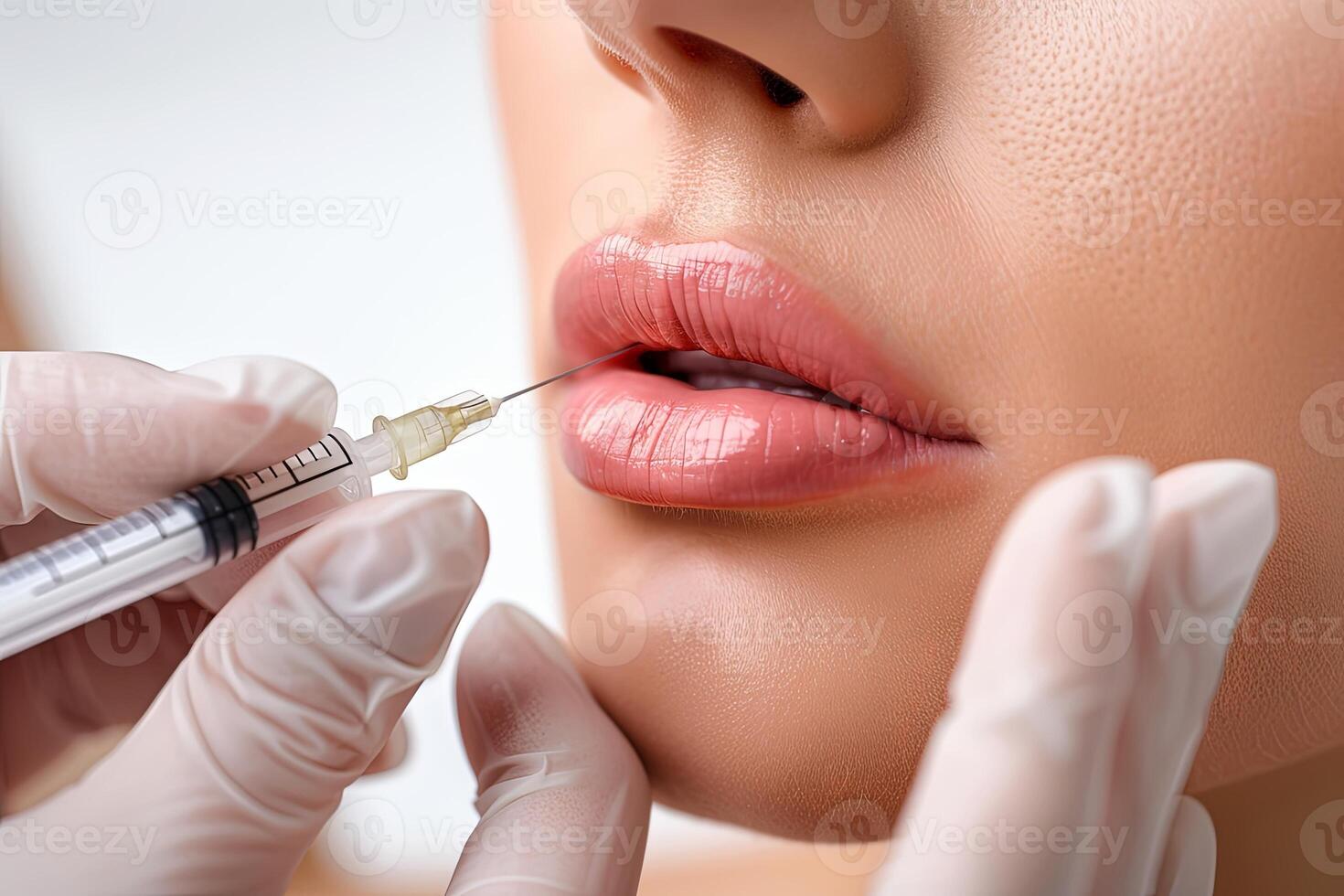 A womans lips are being injected with a syringe in a close-up image photo