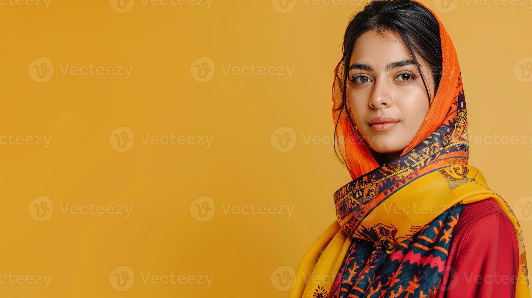 A beautiful woman model in a colorful scarf, posing against a bright yellow backdrop photo