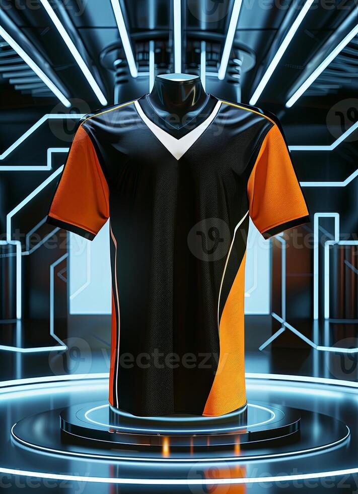 A black and orange jersey with a futuristic design photo