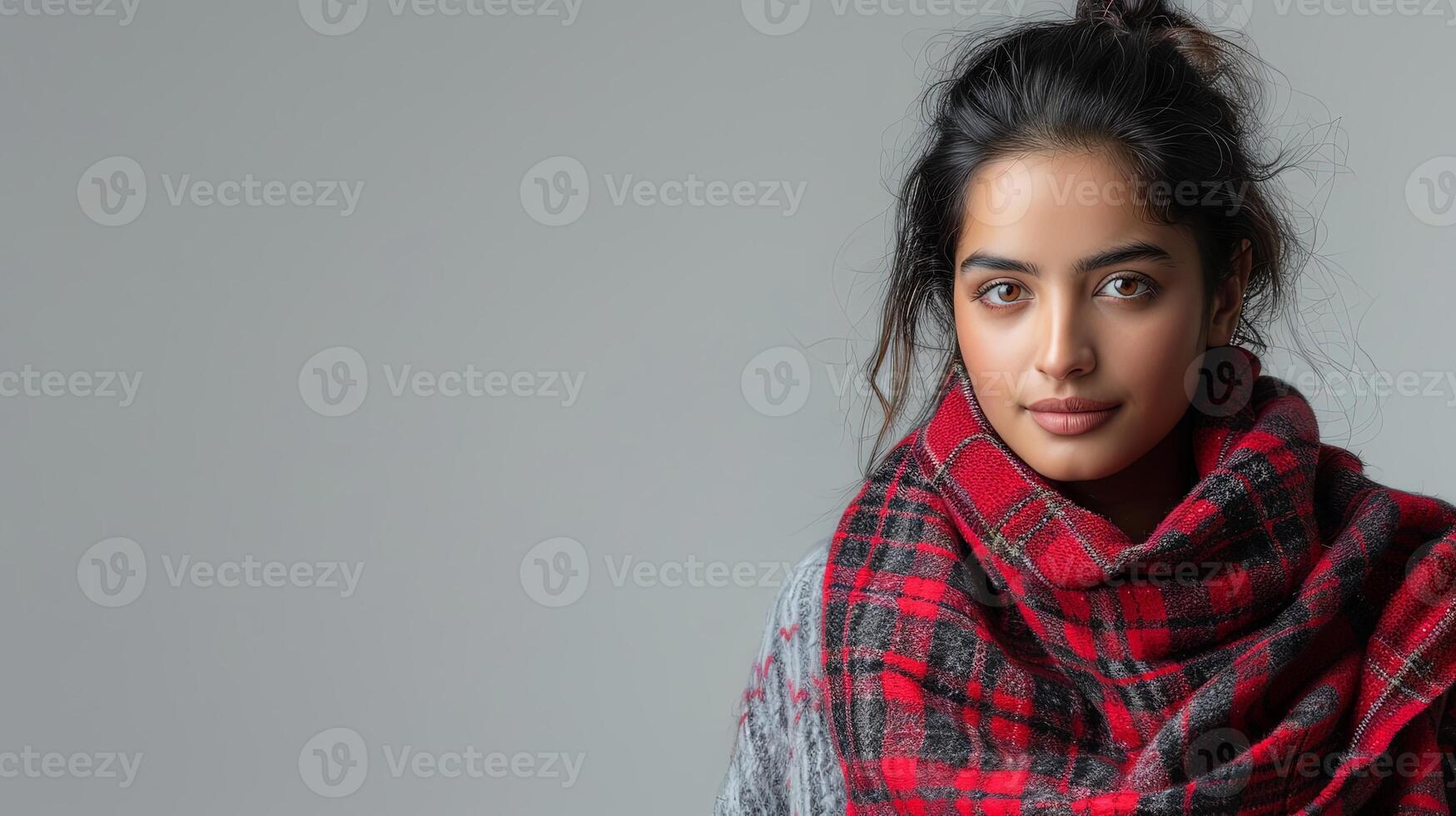 un hermosa indio hembra modelo poses en un rojo tartán bufanda en contra un gris antecedentes foto