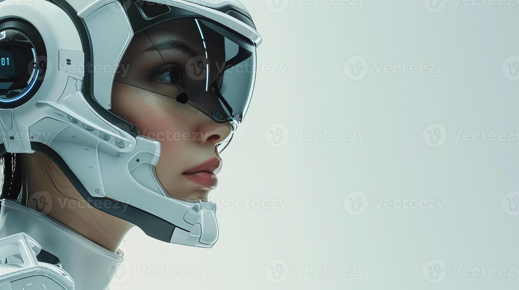 Woman in a futuristic helmet with white background photo