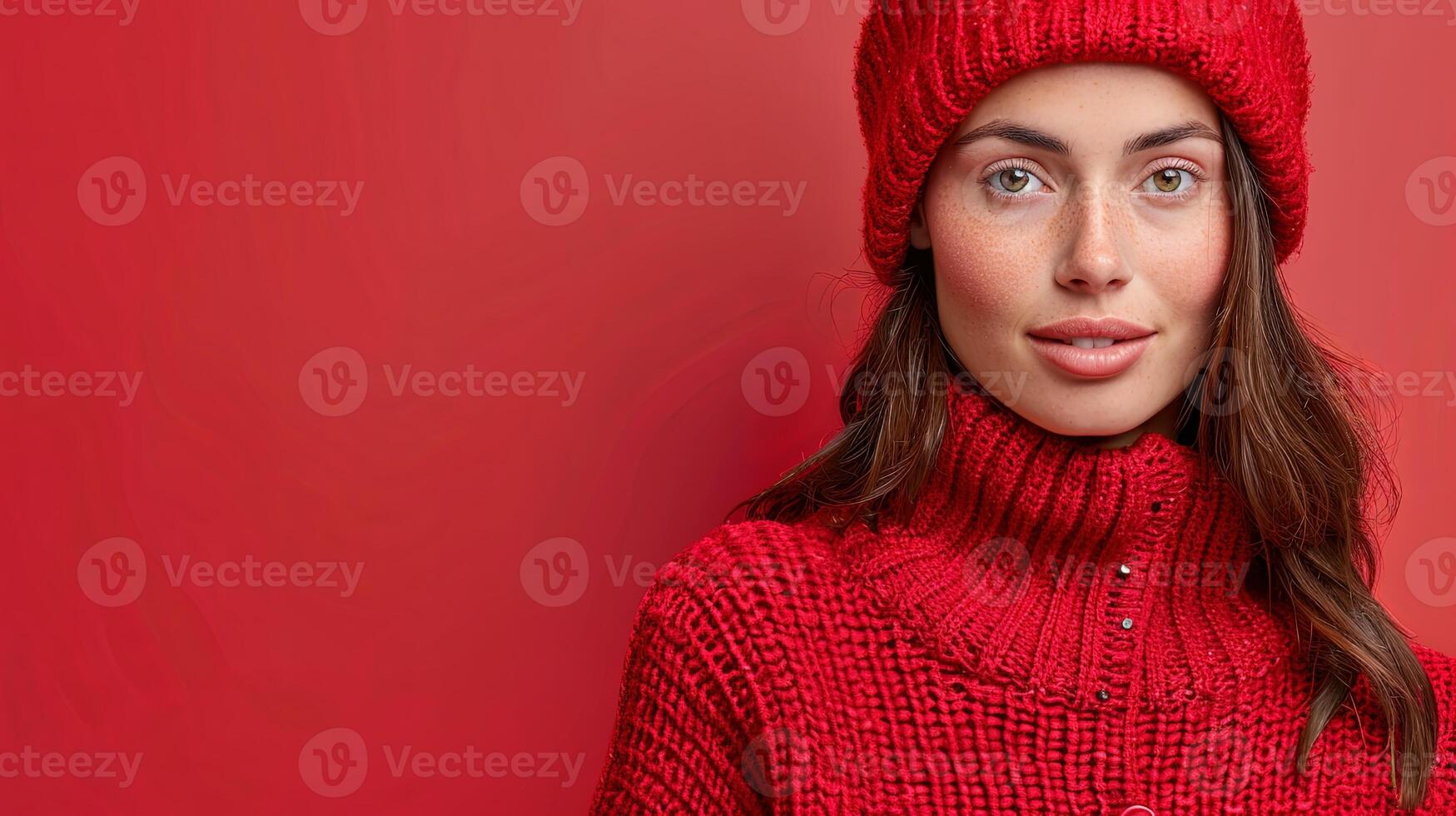 A beautiful woman model wearing a red knitted sweater and beanie photo