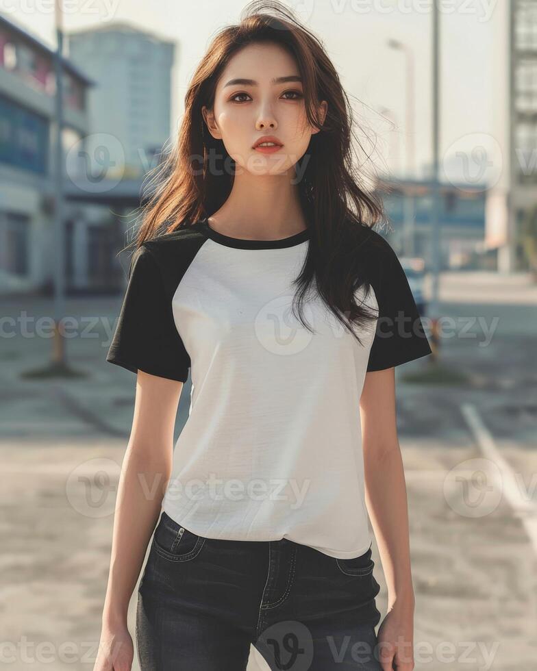 A woman wearing a white raglan shirt with black sleeves photo