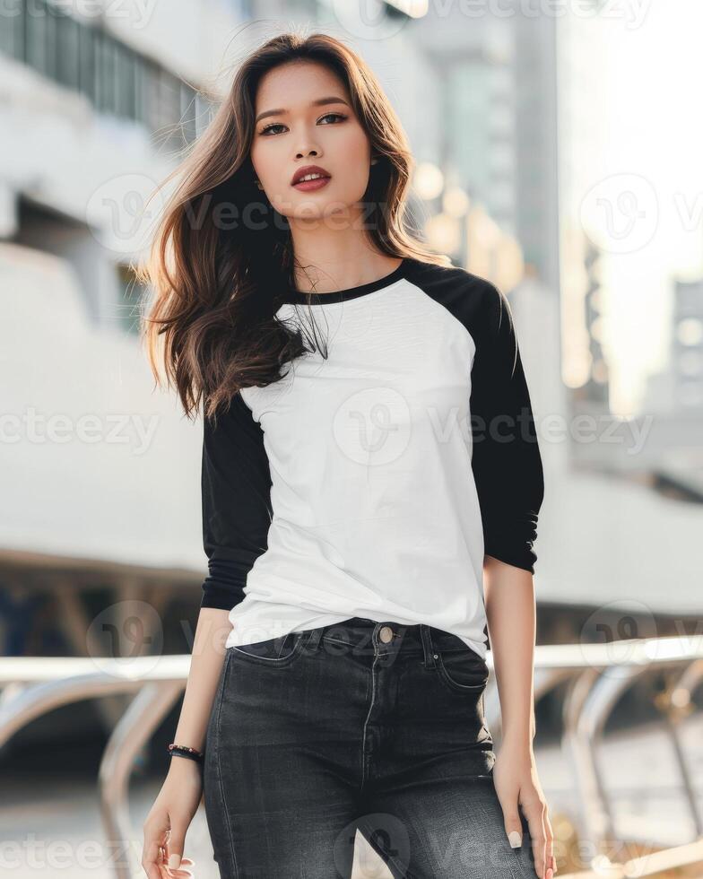 A woman wears a white and black raglan shirt with a blank front, posing casually against a city backdrop photo