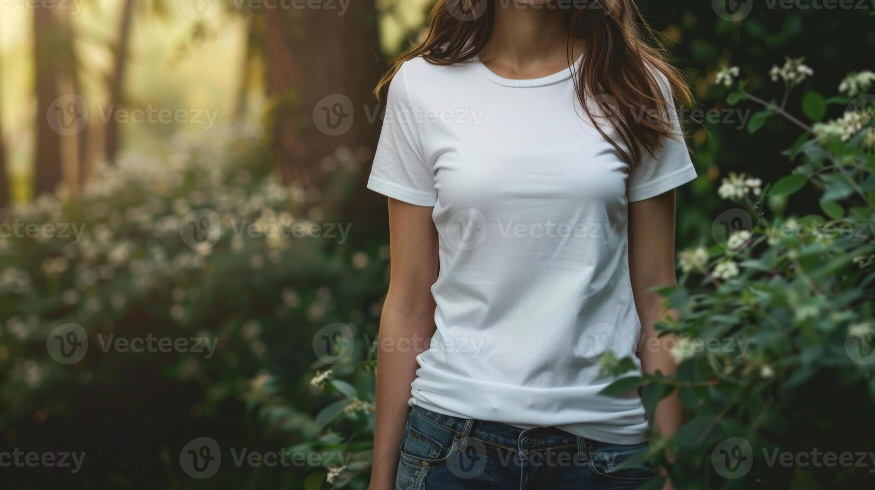 Woman in a white t-shirt standing in a forest photo