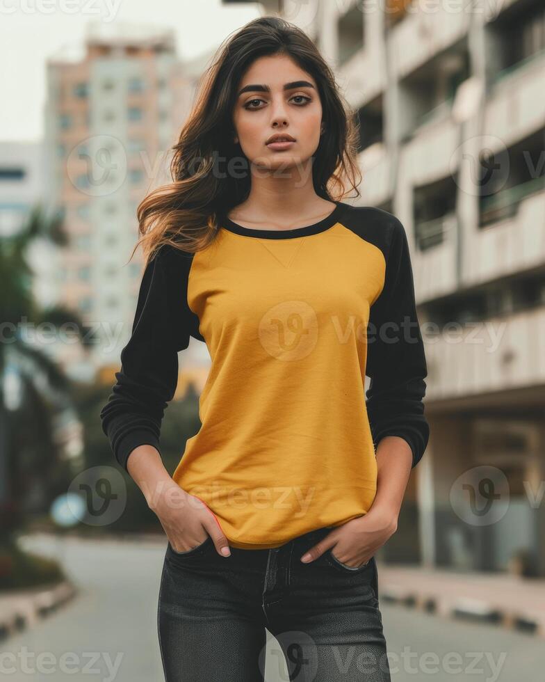 A young woman in a yellow raglan shirt stands on a city street photo