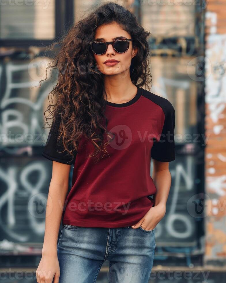 A woman wearing a maroon raglan shirt stands confidently in front of a graffiti-covered wall photo
