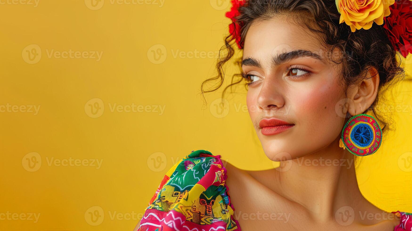 A beautiful Mexican woman model in a colorful summer outfit, posing against a bright yellow background photo