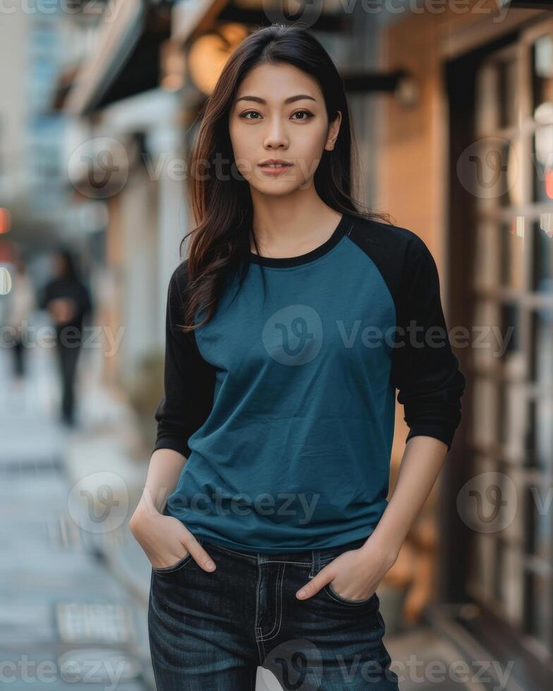 A young woman poses in a teal and black raglan shirt on a city street photo