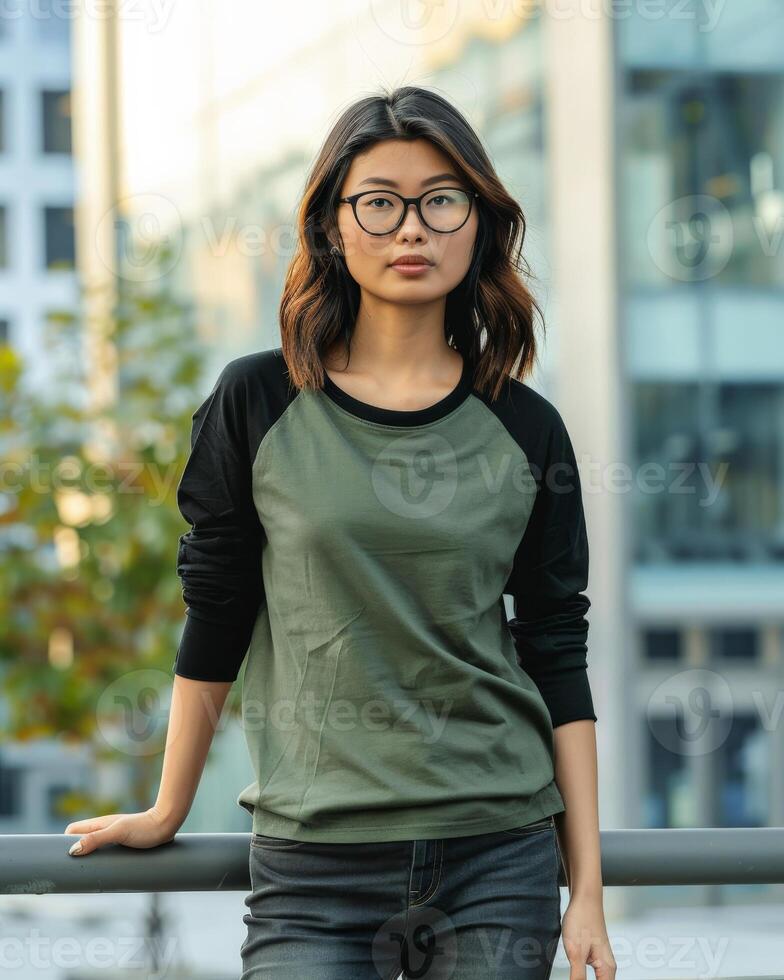 Woman wearing a green and black raglan shirt photo