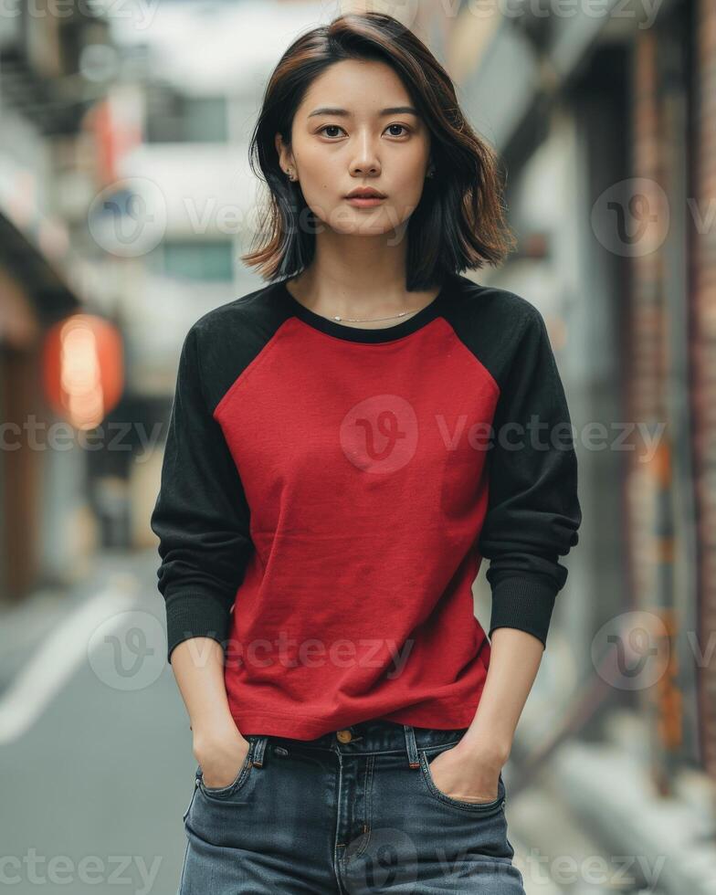 un mujer en un rojo y negro raglan camisa soportes en un urbano ambiente 47065720 Foto de stock en Vecteezy