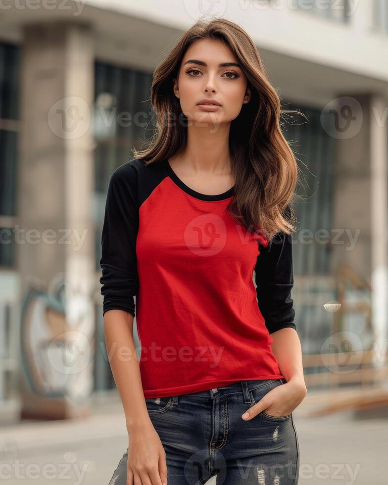A woman wearing a red and black raglan shirt stands in an urban setting photo