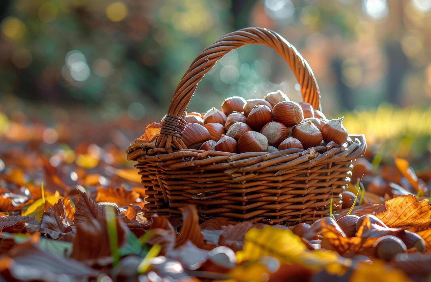 Wicker Basket Filled With Chestnuts in Autumn Forest photo