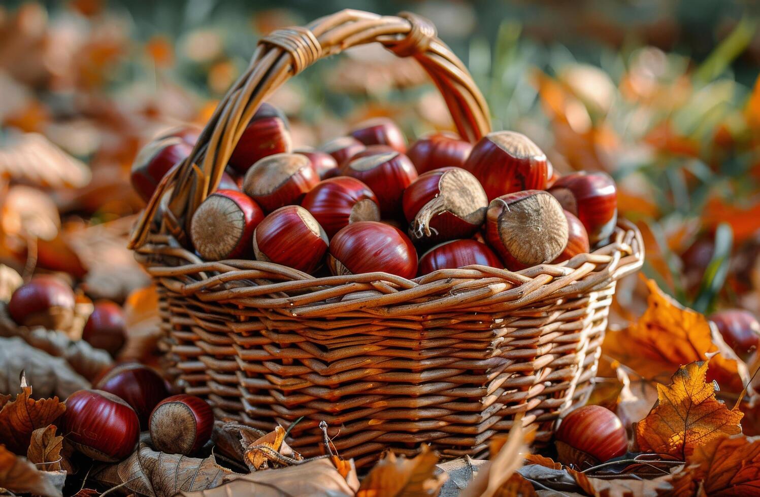 Wicker Basket Filled With Chestnuts in Autumn Forest photo