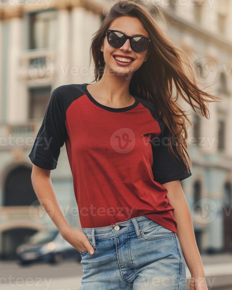 A beautiful woman wears a red raglan shirt, smiling and gazing into the camera photo