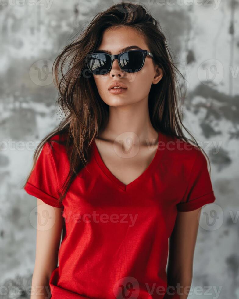 A woman in a red V-neck shirt poses against a textured wall photo