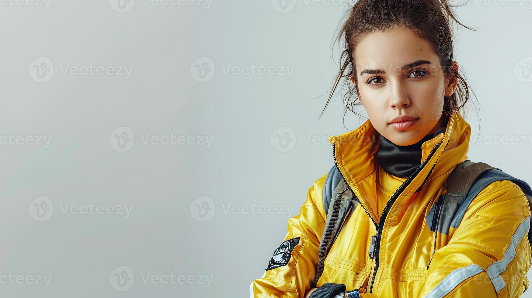 A woman in a bright yellow racing jacket with a determined expression photo