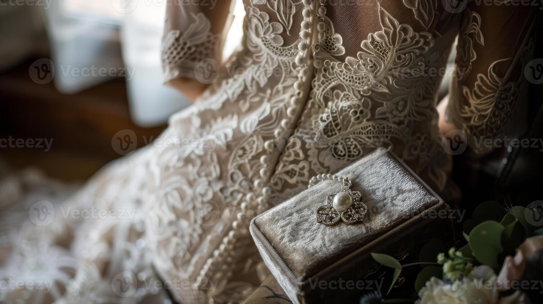 A brides elegant, lace wedding dress and a clutch with pearl accents photo