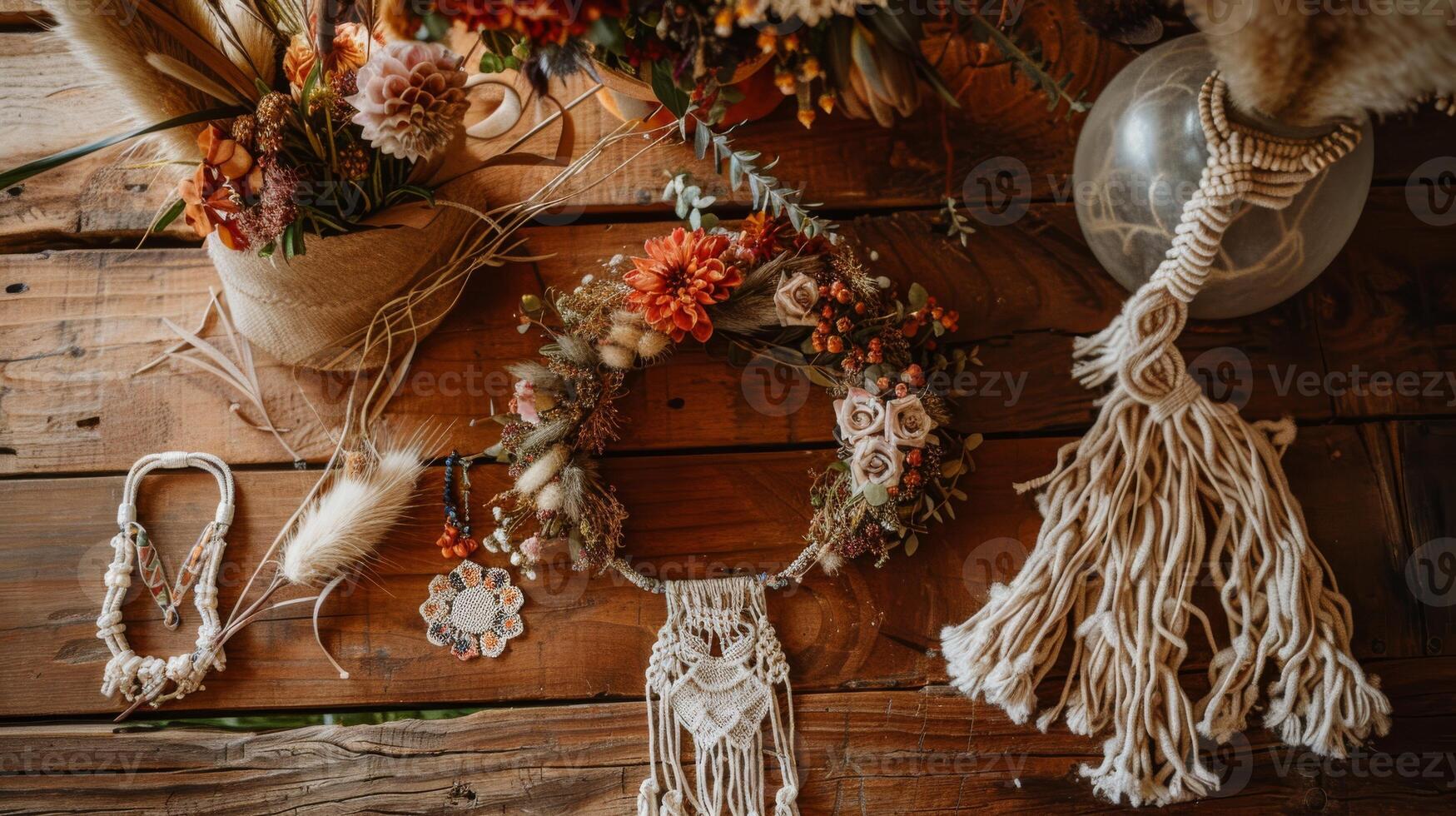 Wedding decorations including macrame, a floral wreath, and feathers photo