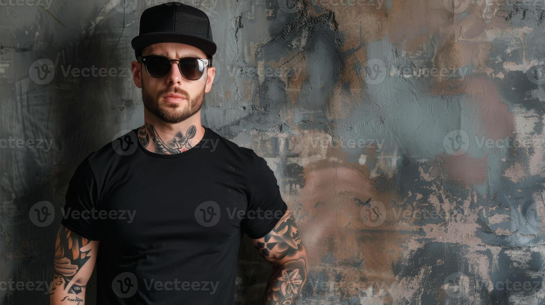 A man with tattoos and a rebel attitude stands confidently in front of a distressed wall, wearing a black t-shirt and a cap photo