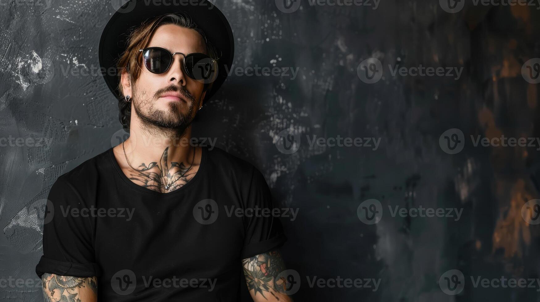 A close-up portrait of a tattooed man with a confident and rebellious look photo