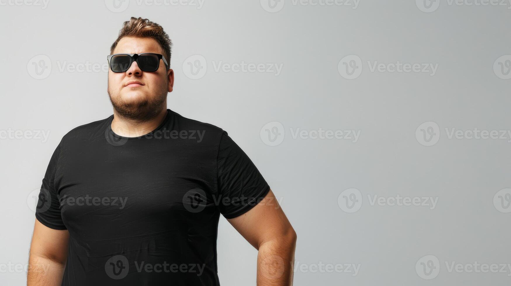 A man in a black t-shirt and sunglasses poses against a plain background photo