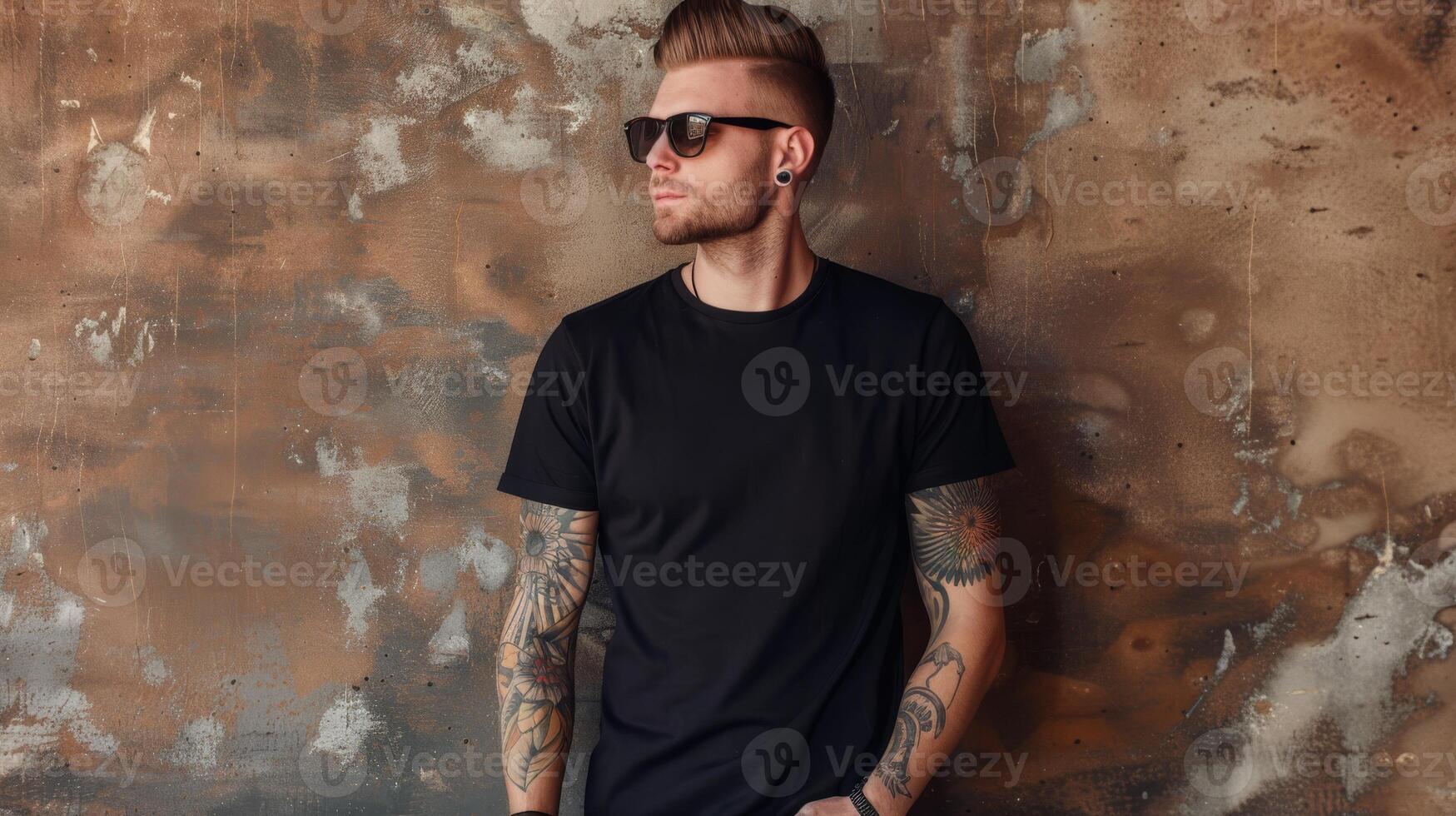 A man wearing a plain black shirt stands against a worn wall photo