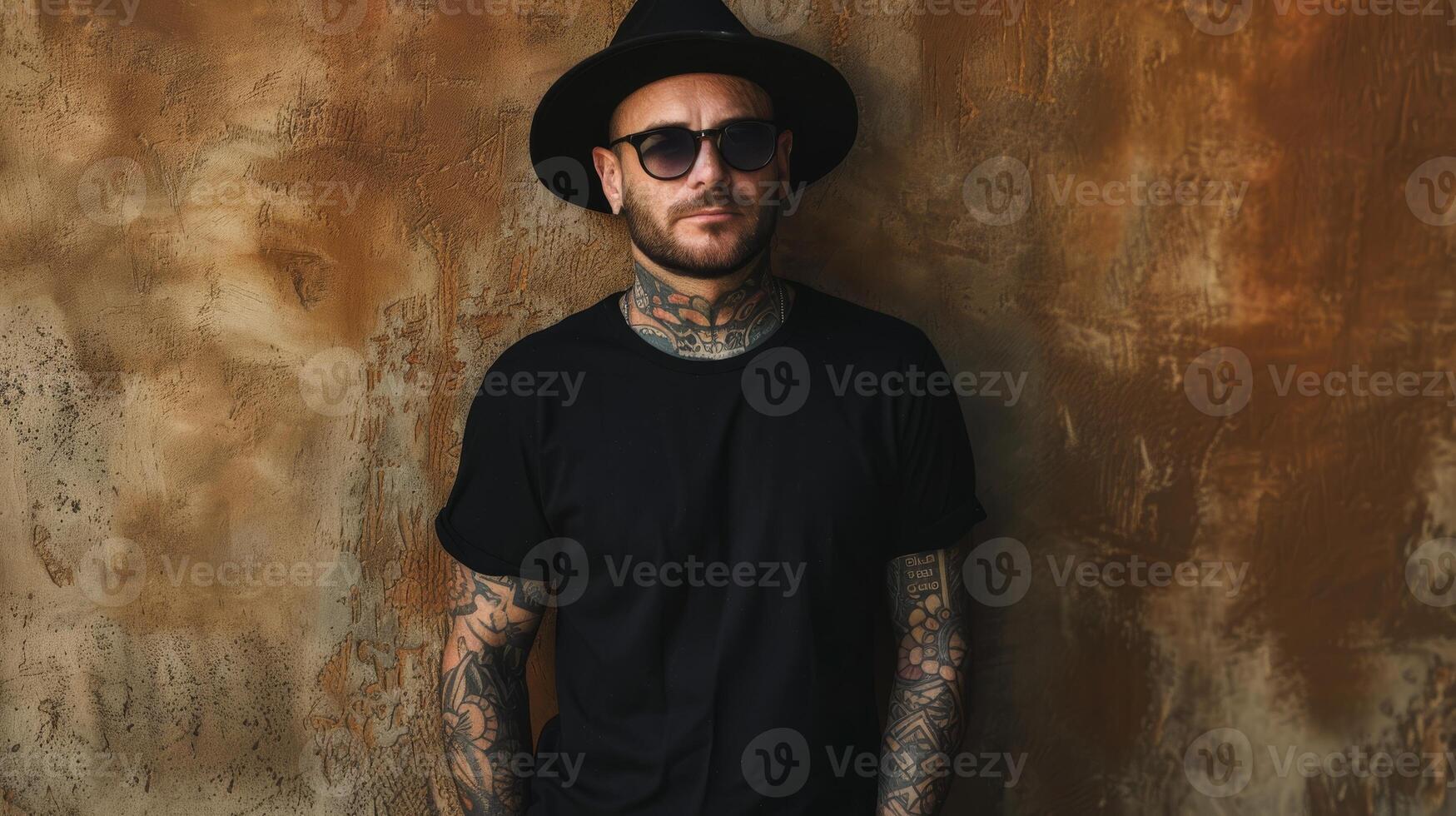 A man in a black t-shirt, sporting tattoos and a rebellious look, stands against a textured wall photo