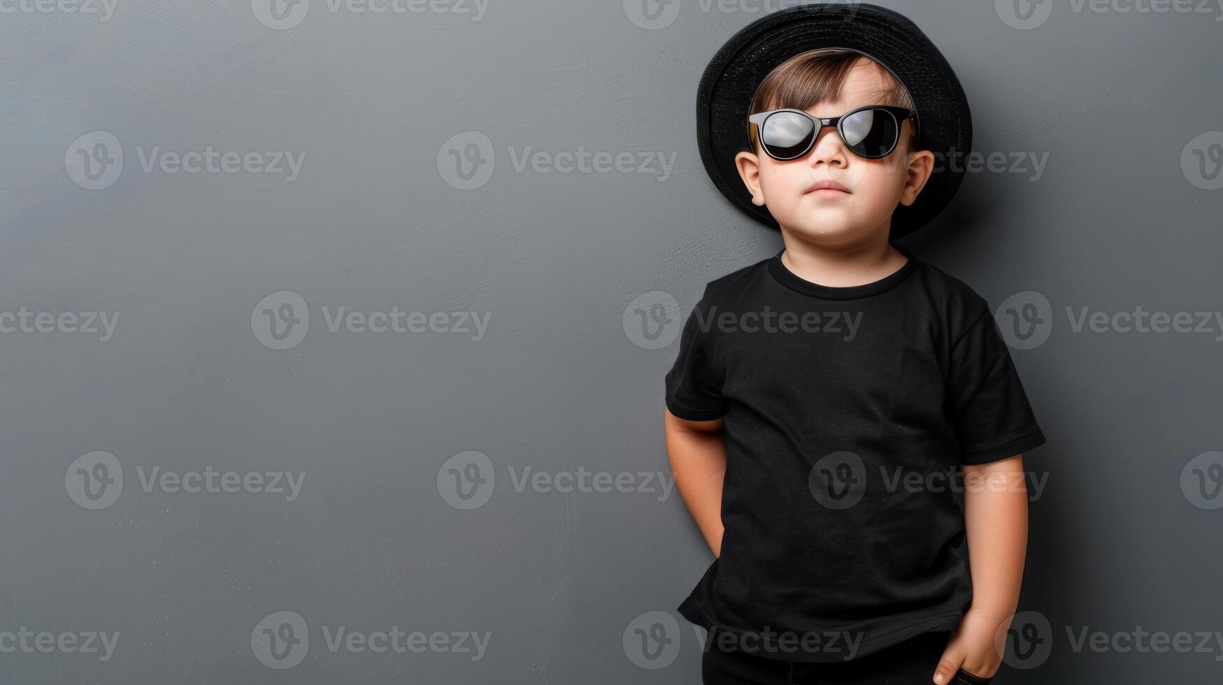 A young boy wearing a black t-shirt and fedora poses confidently against a gray wall photo