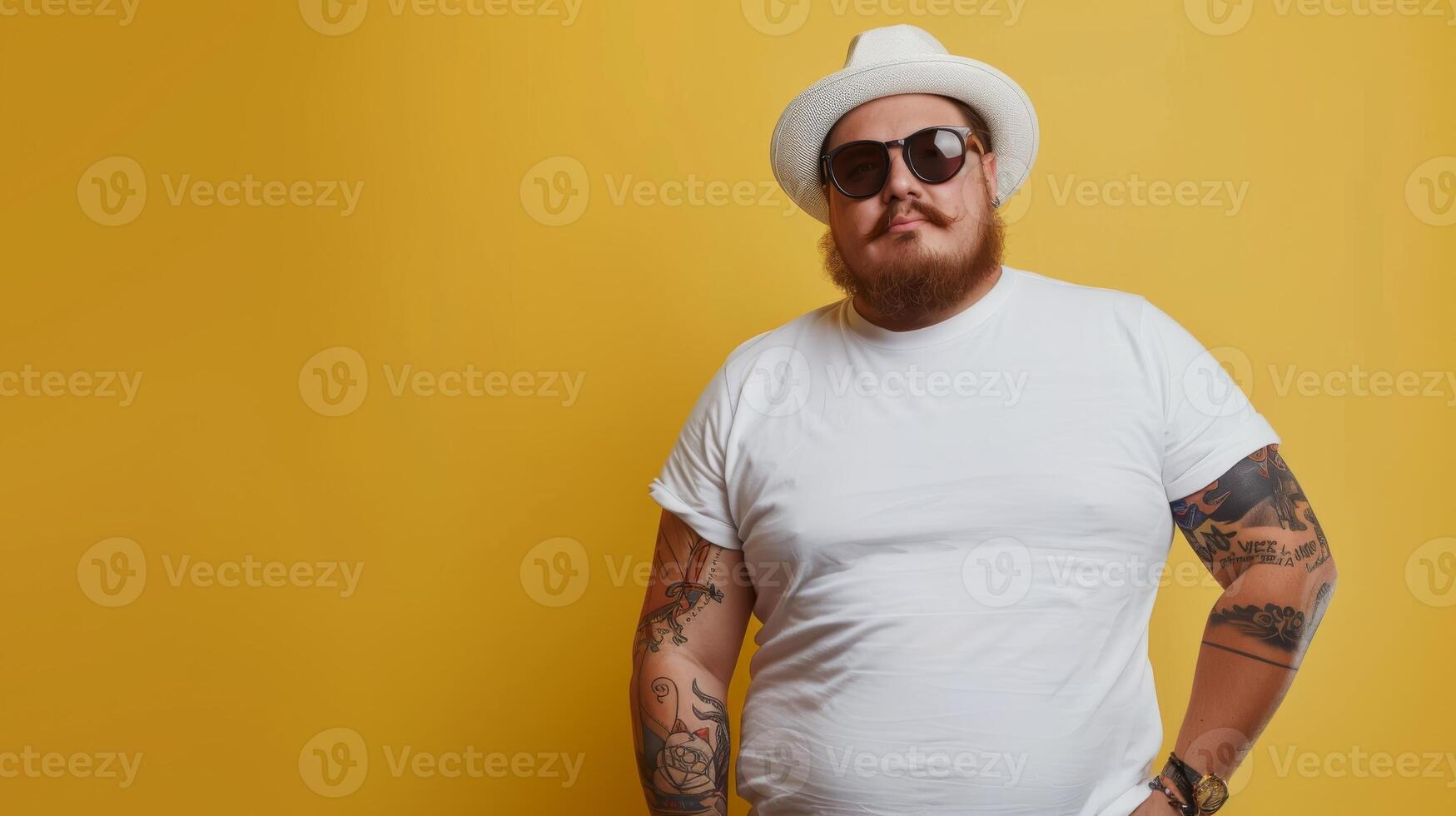 Man wearing a plain white t-shirt against a yellow background photo