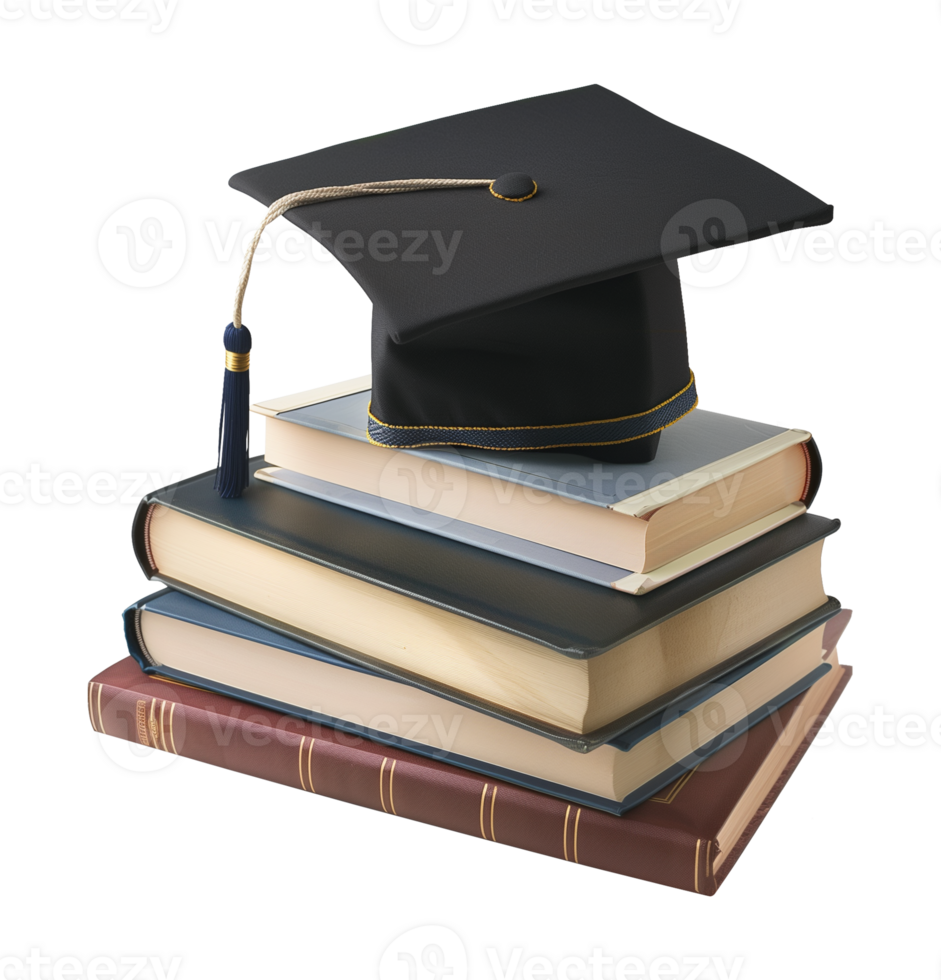 Stack of Book With Graduation Academic Cap Isolated on Transparent Background png