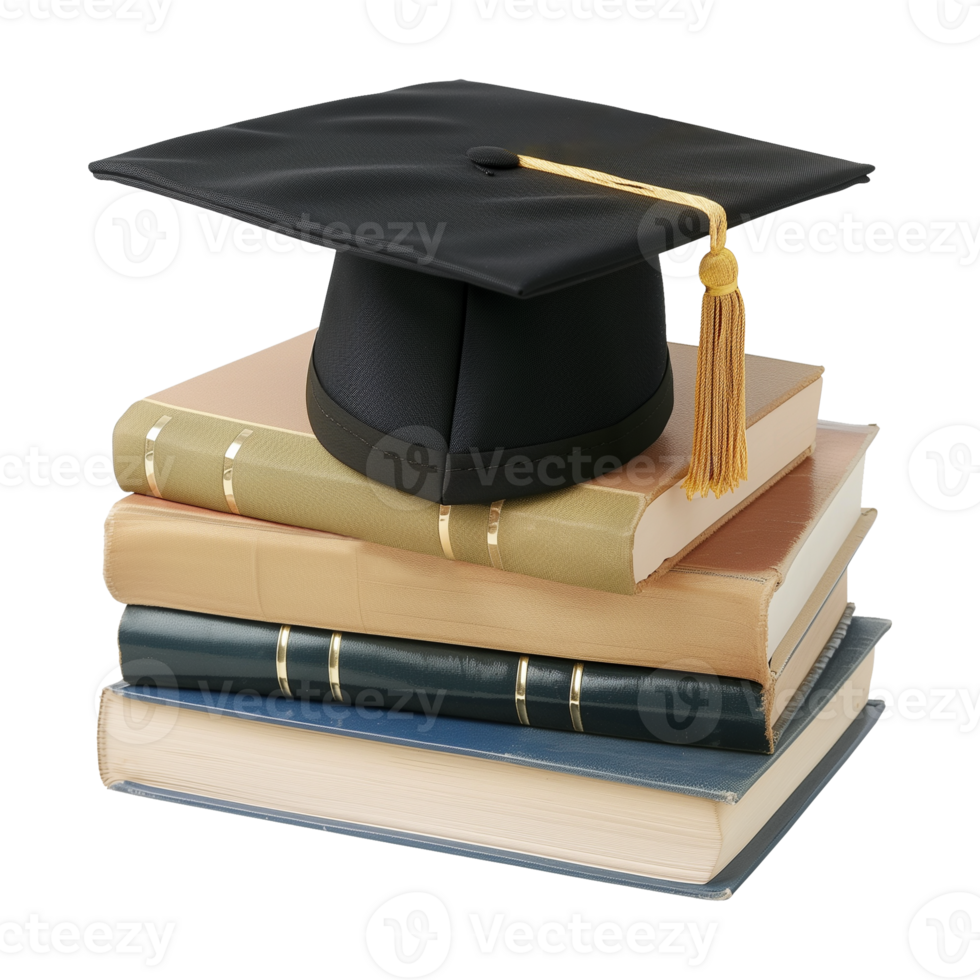 Stack of Book With Graduation Academic Cap Isolated on Transparent Background png