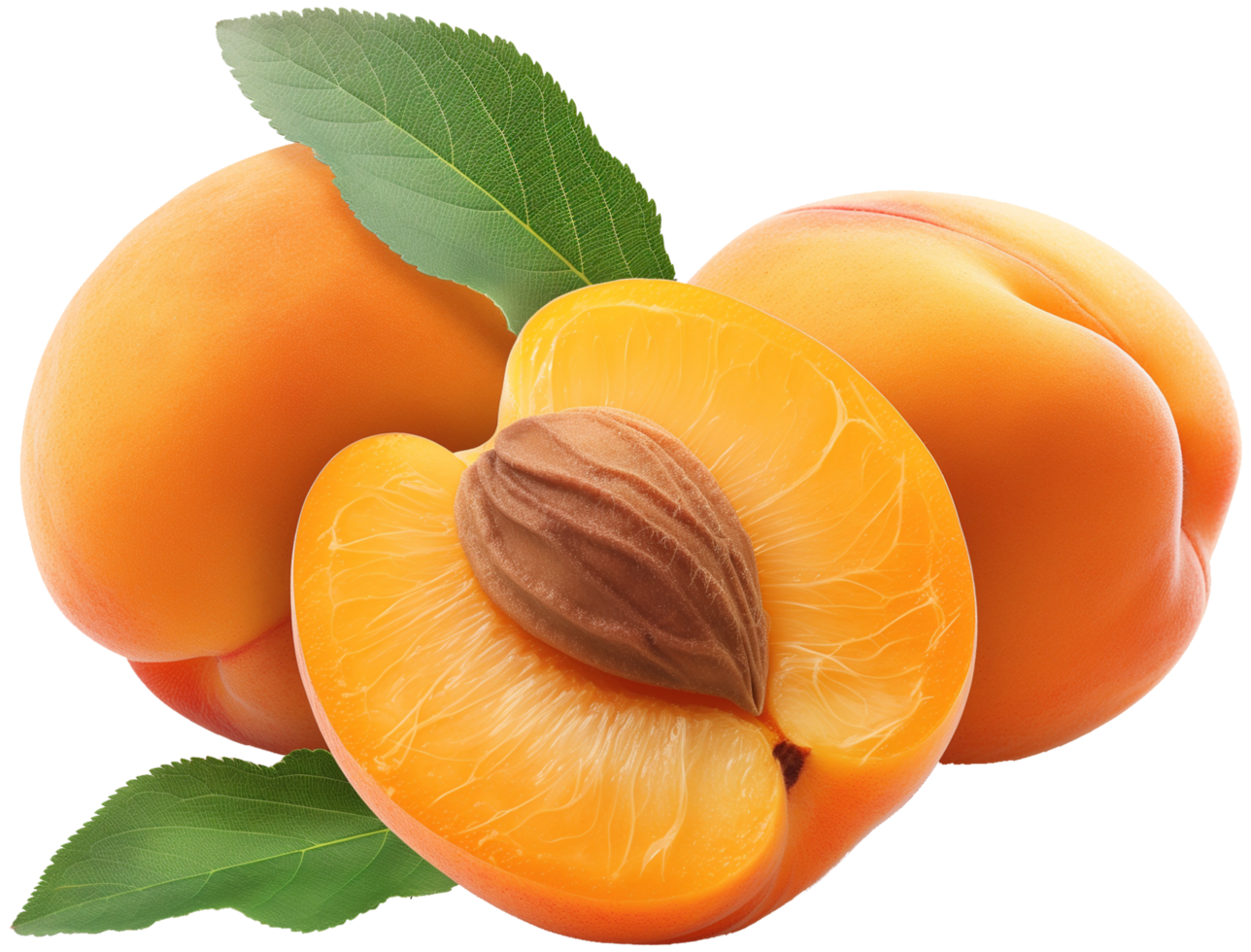 Apricots with a half cut apricot isolated on a transparent background png