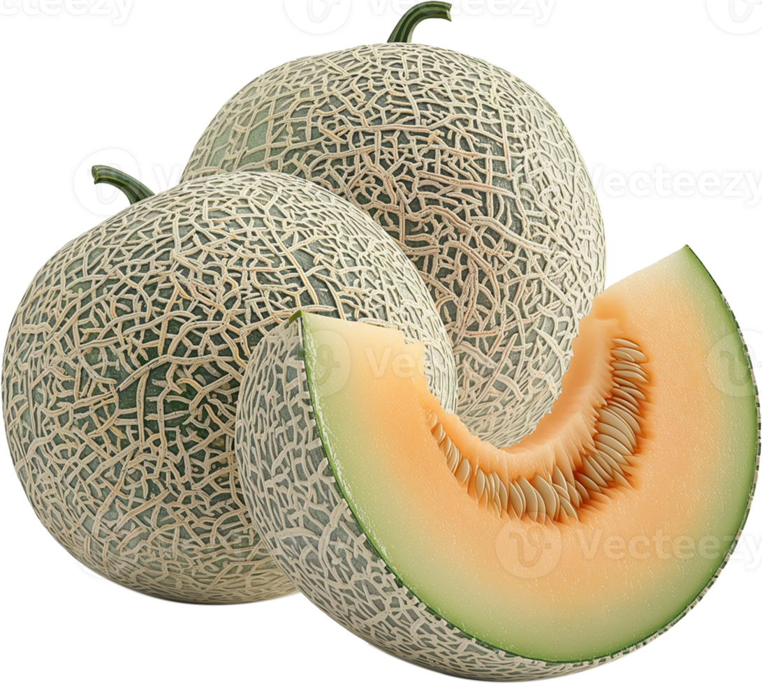 A half cut cantaloupe melon isolated on a transparent background png