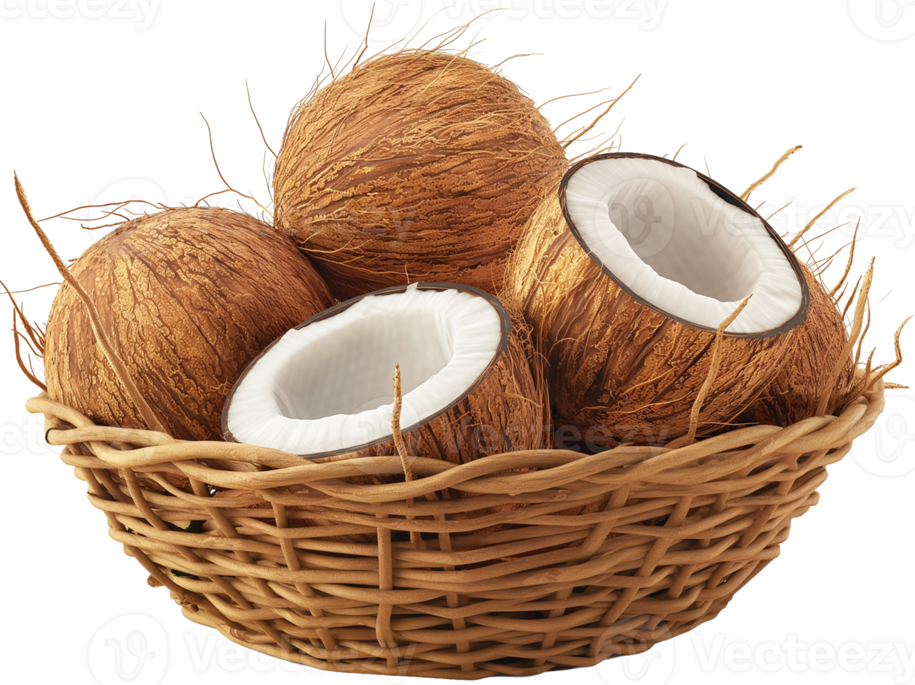 A healthy coconuts in a basket isolated on a transparent background png