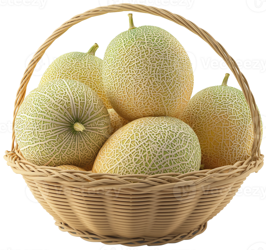 A fresh cantaloupes in a basket isolated on a transparent background png