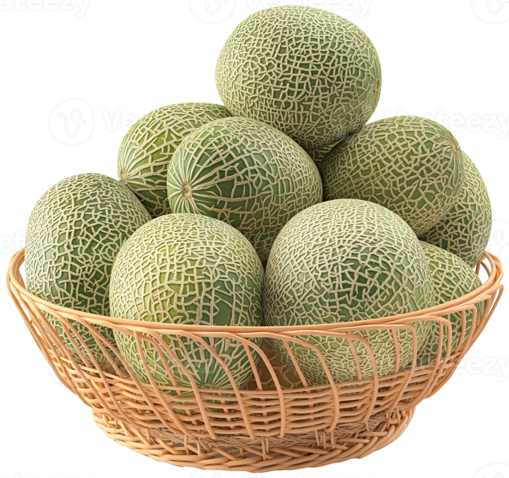 A fresh cantaloupes in a basket isolated on a transparent background png