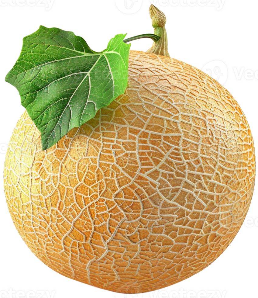 A raw cantaloupe with leaf isolated on a transparent background png
