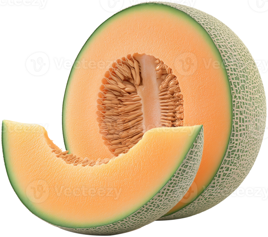 A whole cantaloupe with slices isolated on a transparent background png