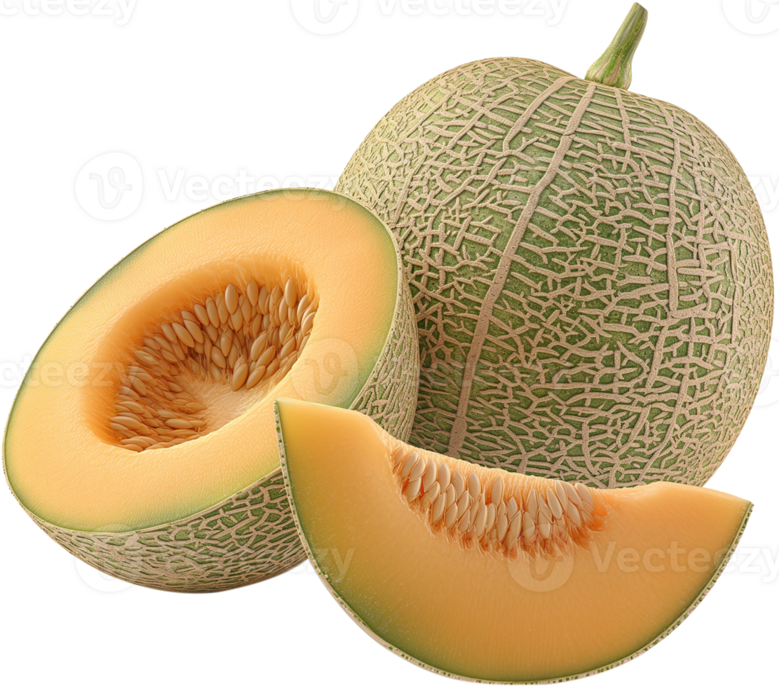 A half cut cantaloupe melon isolated on a transparent background png