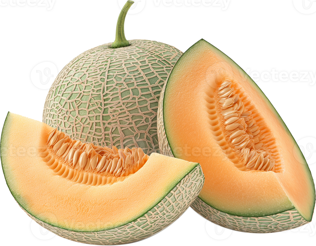 A half cut cantaloupe melon isolated on a transparent background png