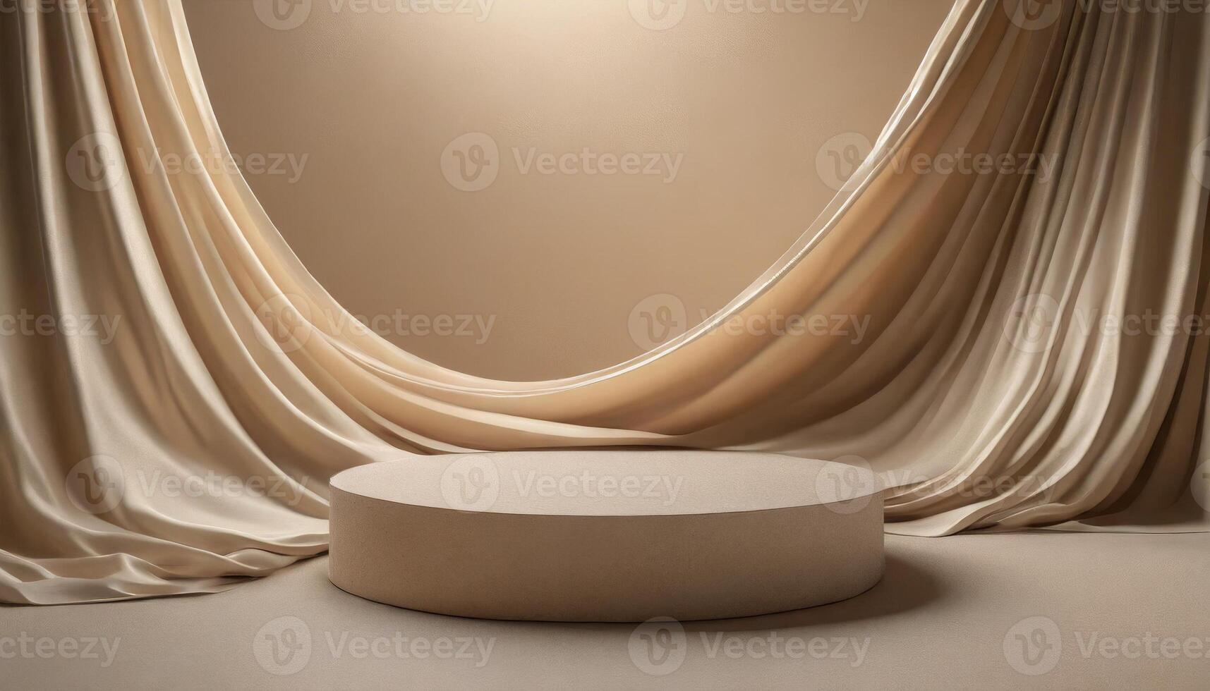 abstract beige background with a round podium and flowing wave satin curtain. The elegant scene is ideal for showcasing products or creating a sophisticated visual effect in art and design photo