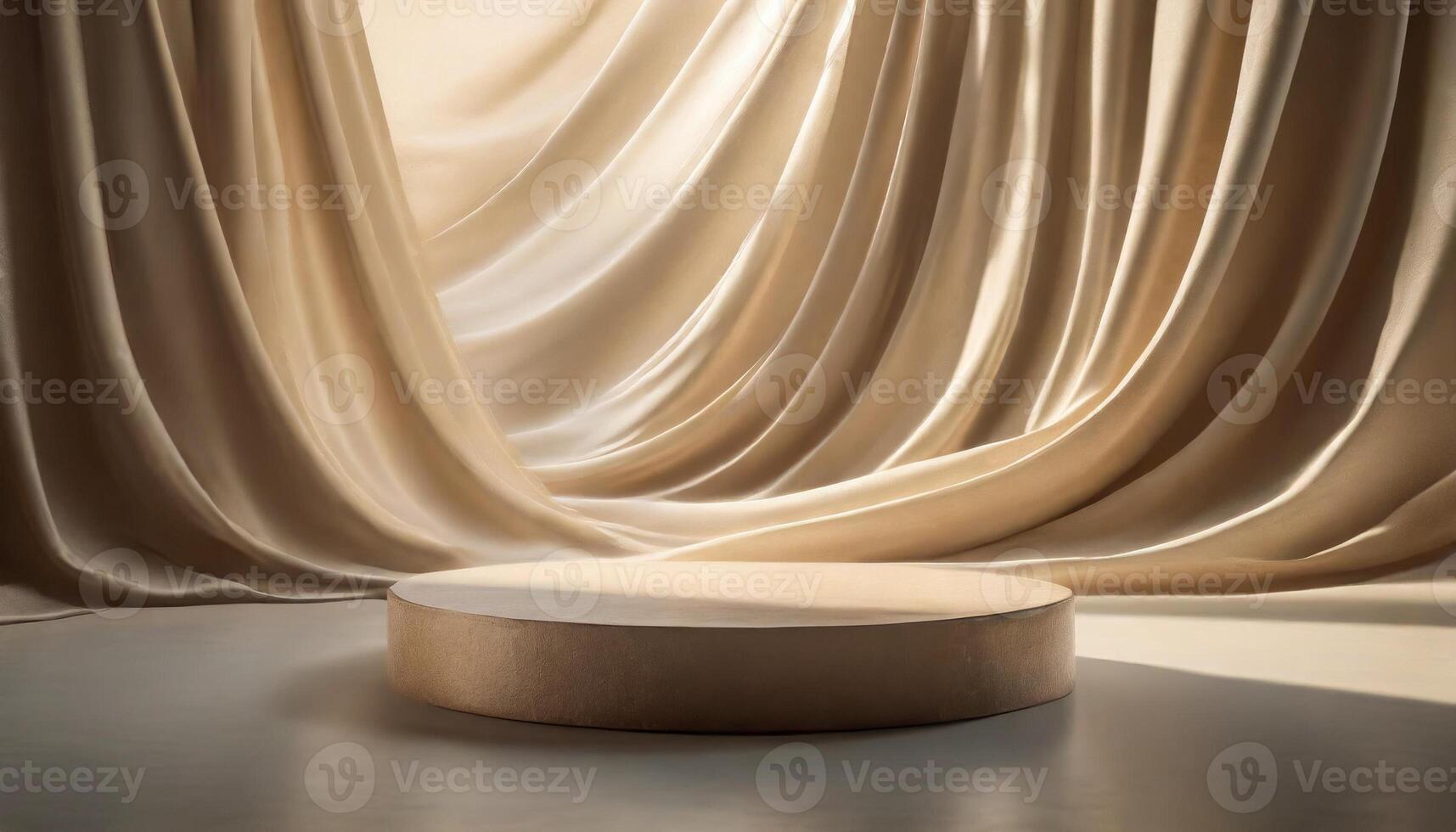 abstract beige background with a round podium and flowing wave satin curtain. The elegant scene is ideal for showcasing products or creating a sophisticated visual effect in art and design photo