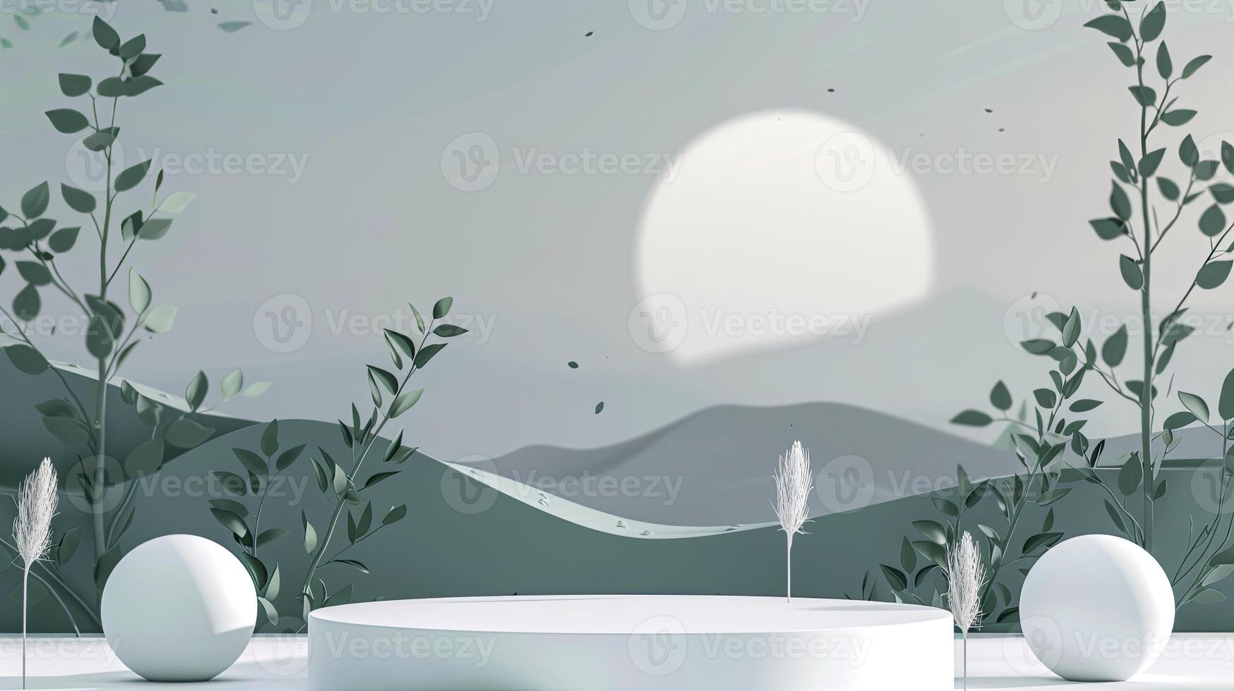 A white and green landscape with a large sun in the sky photo