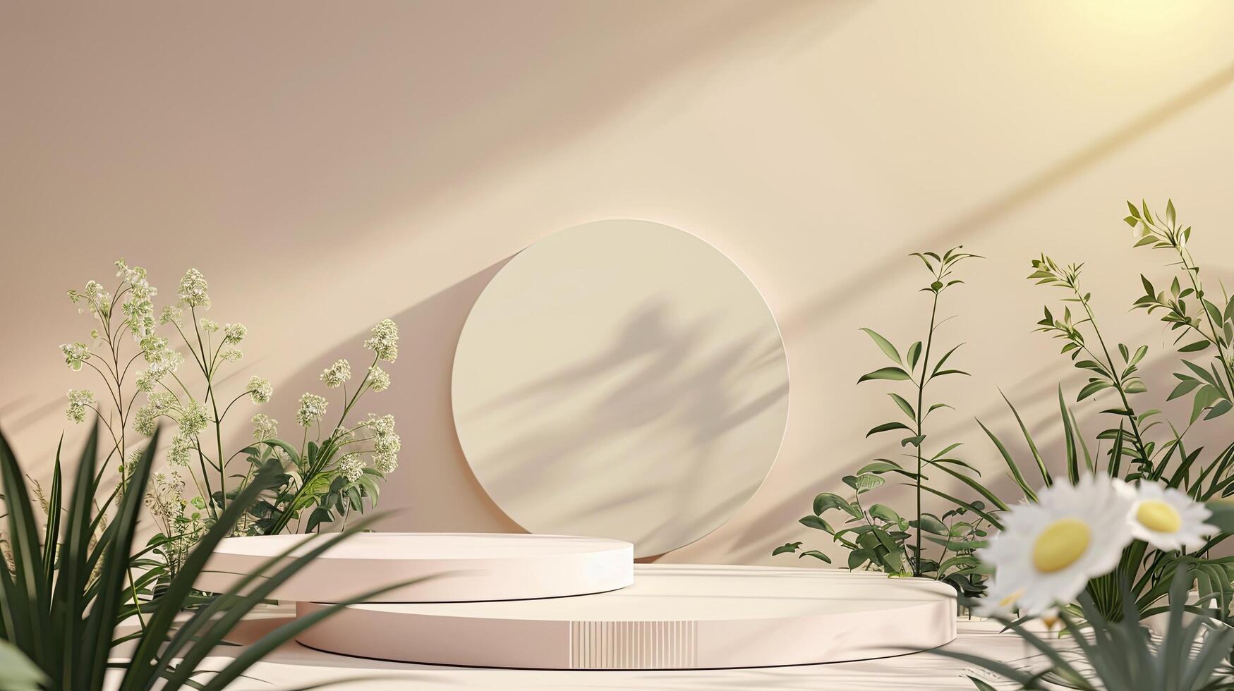 A white circular structure with a shadow on it is surrounded by plants photo