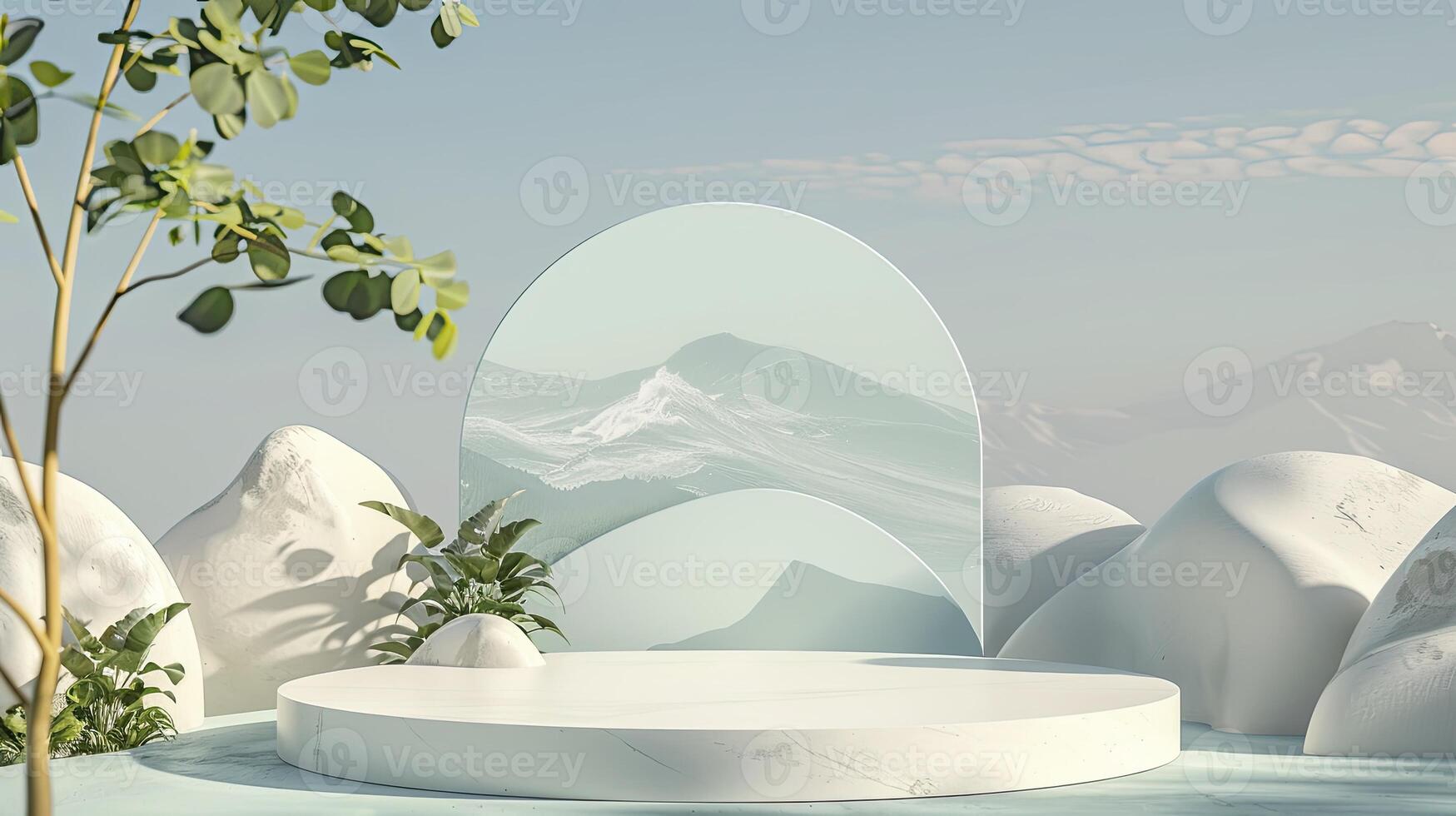 A white stage with a green plant in the foreground photo