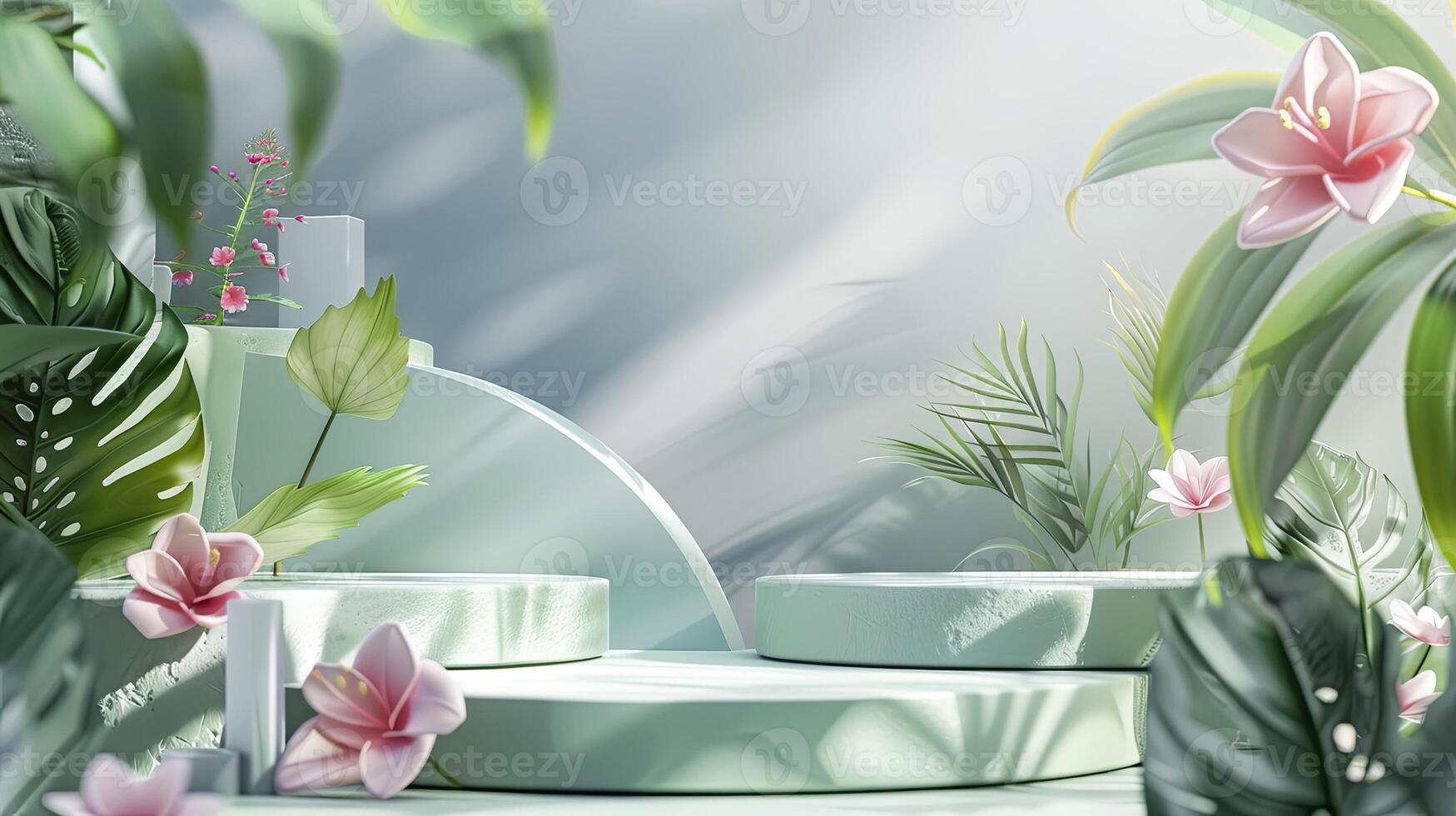 A green and white background with a pink flower in the foreground photo