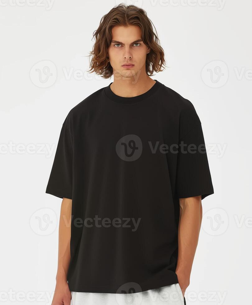 The Black Oversized Mockup Tee for Men on white background photo