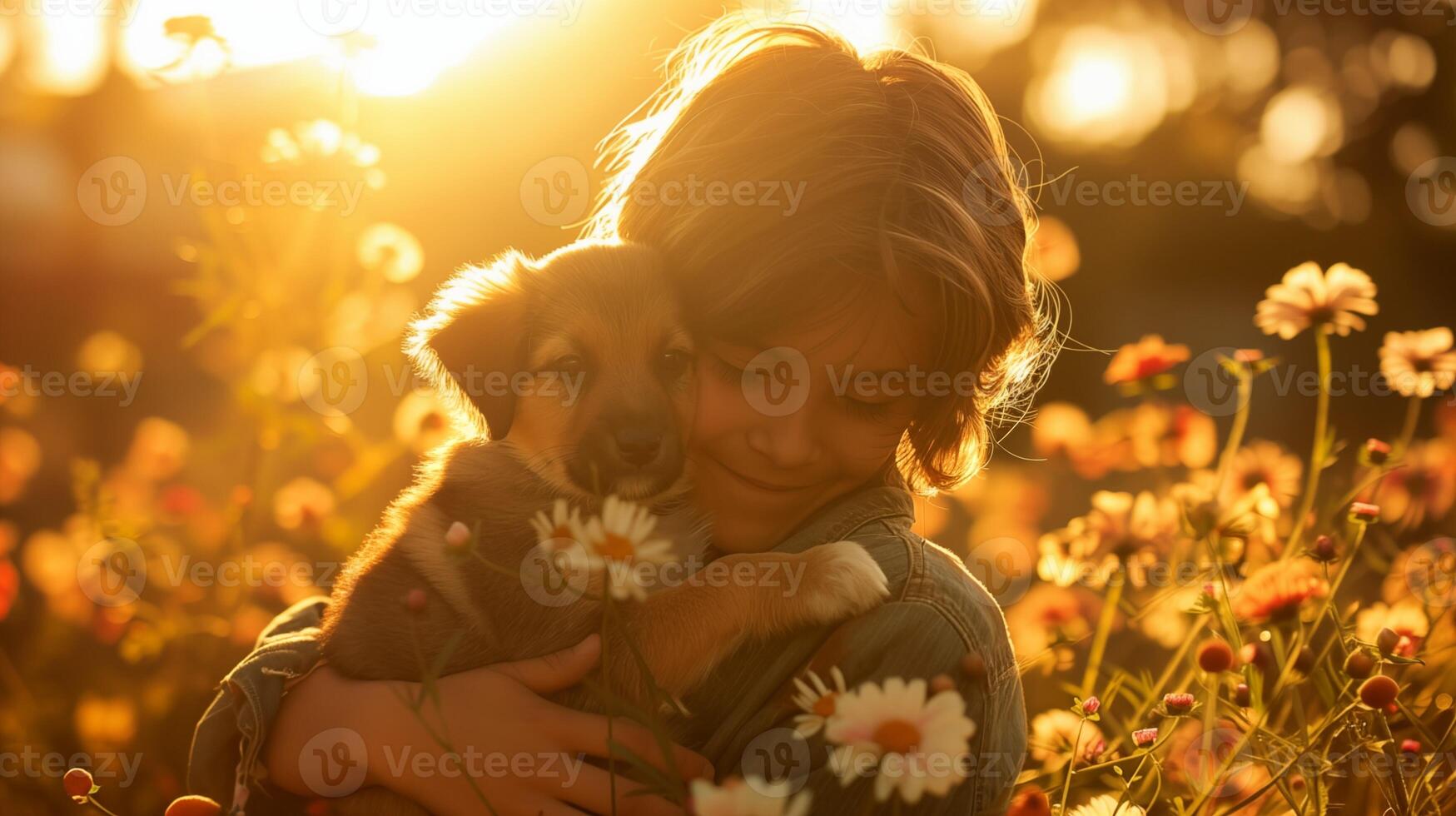 A Heartwarming Hug Between a Child and Their Puppy photo