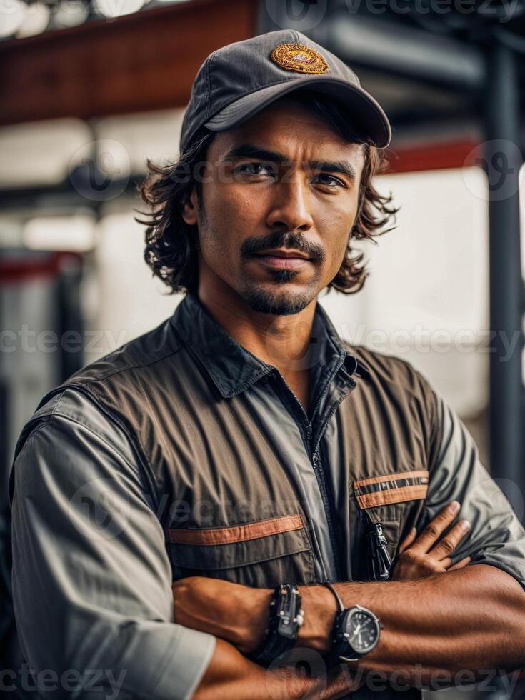 A male employee in an orange uniform is smiling and giving a great thumbs up, isolated white background, Mechanic standing concept photo